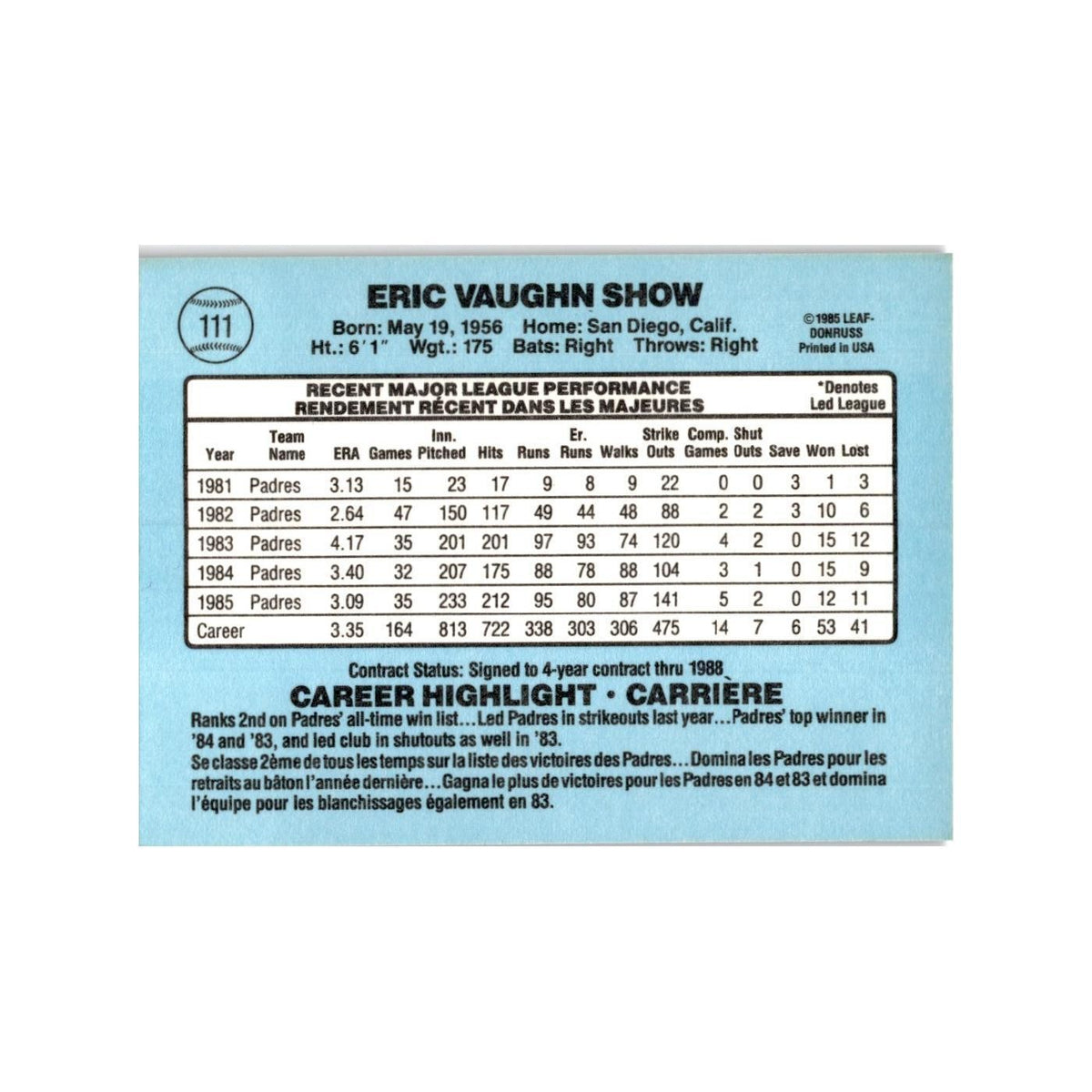 Eric Show 1986 Leaf #111 San Diego Padres Baseball Card NM