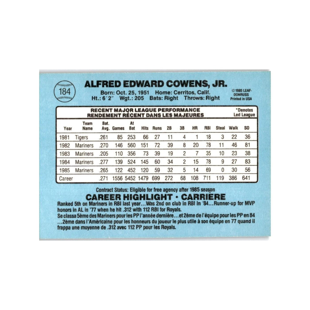 Al Cowens 1986 Leaf #184 Seattle Mariners Baseball Card NM