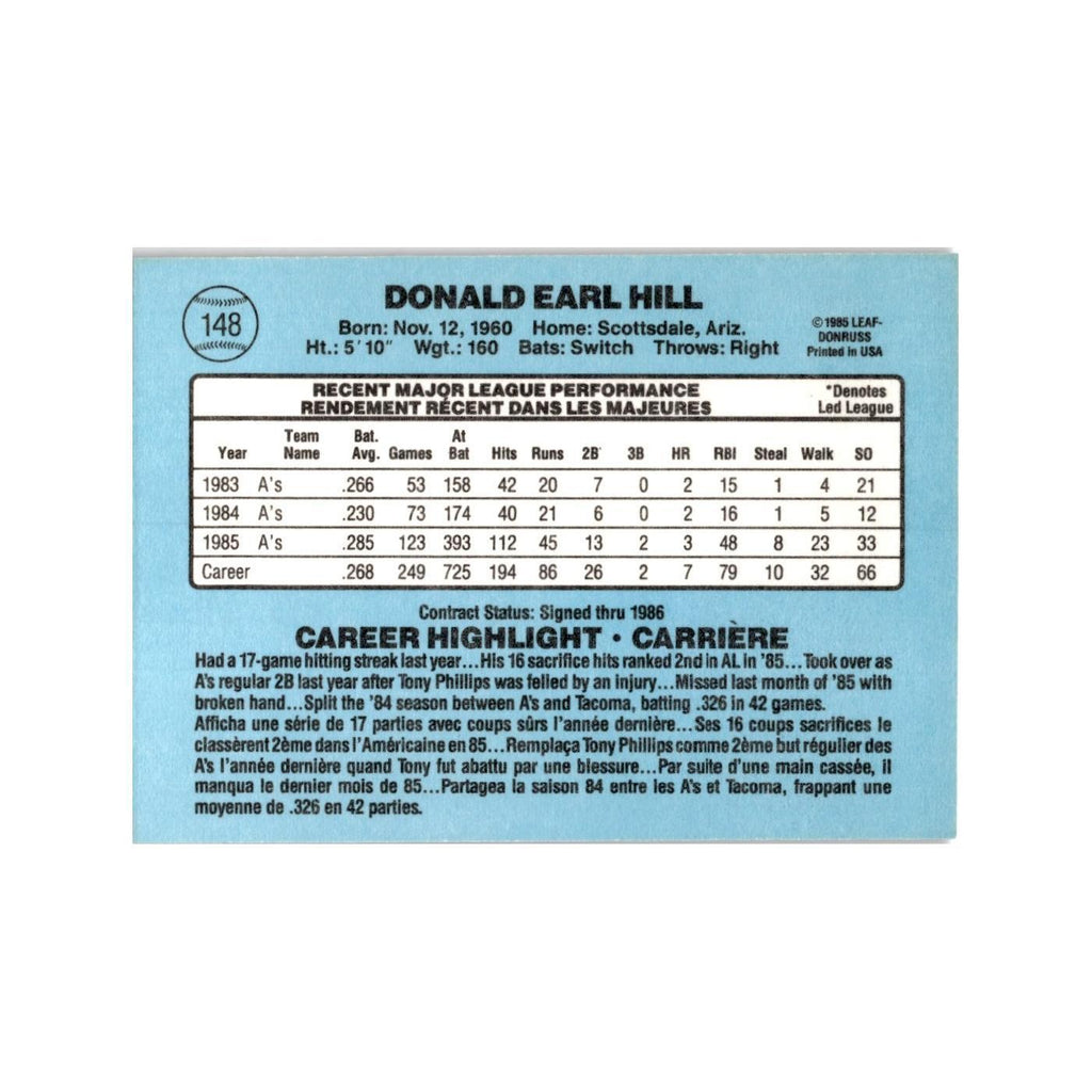 Donnie Hill 1986 Leaf #148 Oakland Athletics Baseball Card NM