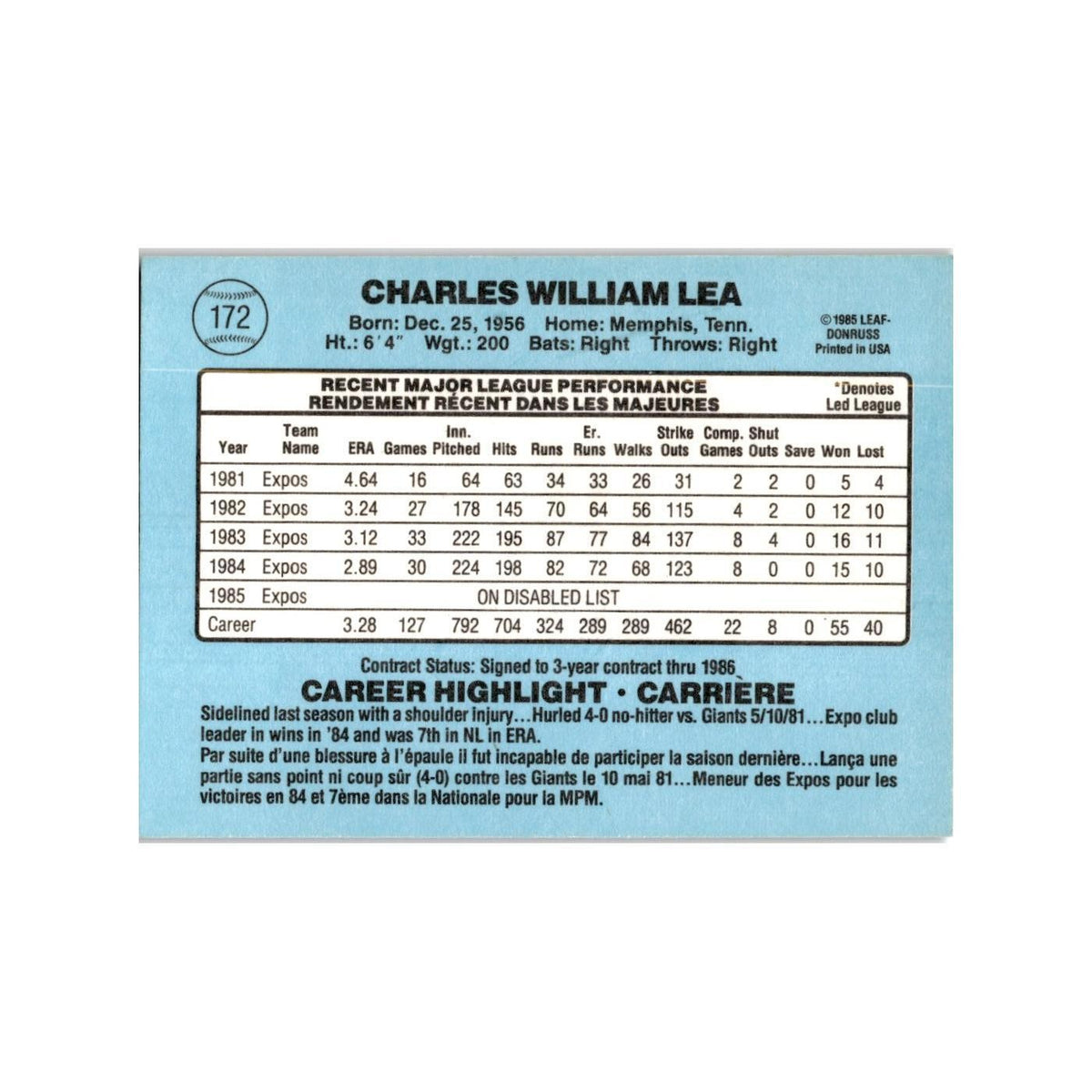 Charlie Lea 1986 Leaf #172 Montreal Expos Baseball Card NM