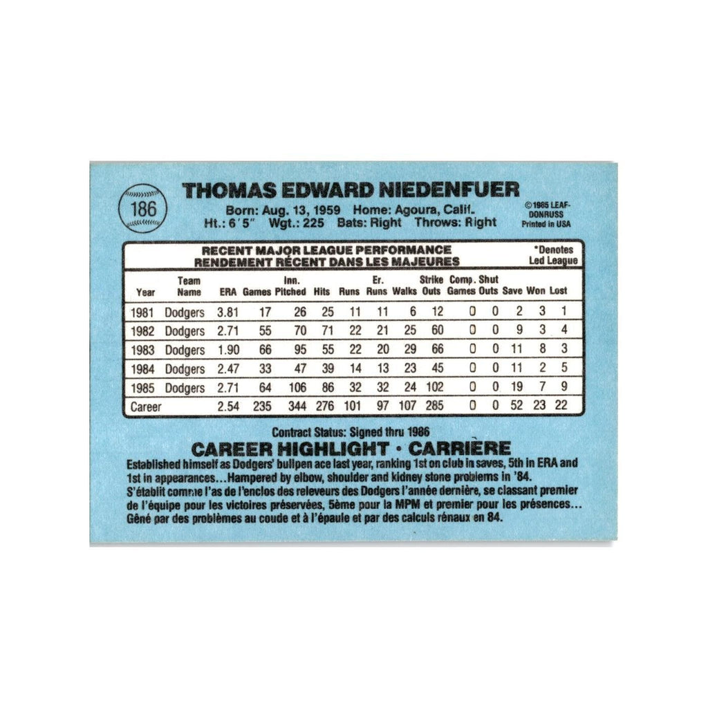 Tom Niedenfuer 1986 Leaf #186 Los Angeles Dodgers Baseball Card NM