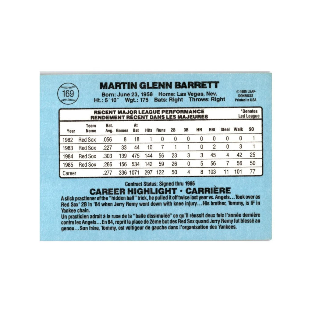 Marty Barrett 1986 Leaf #169 Boston Red Sox Baseball Card NM