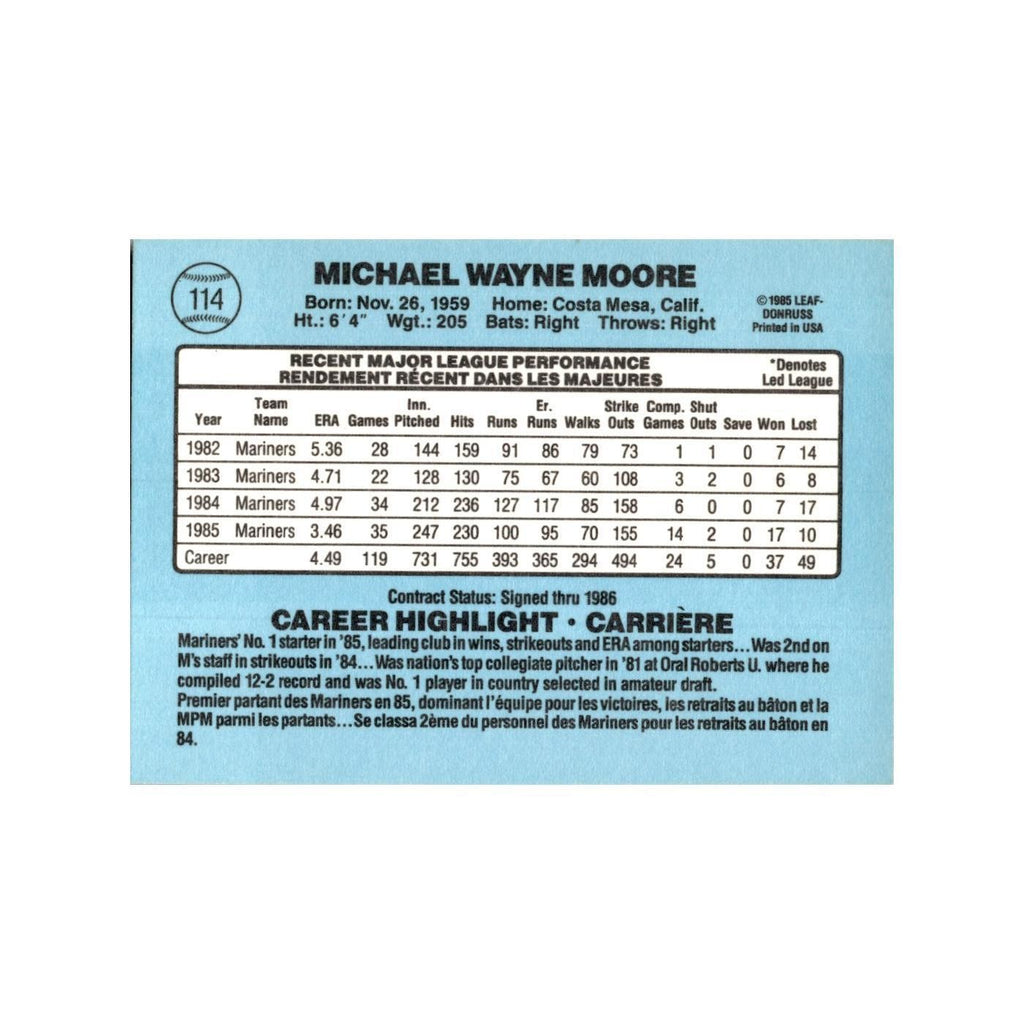 Mike Moore 1986 Leaf #114 Seattle Mariners Baseball Card NM