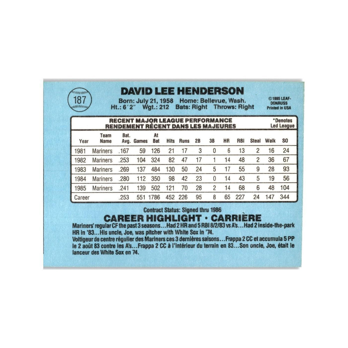 Dave Henderson 1986 Leaf #187 Seattle Mariners Baseball Card NM