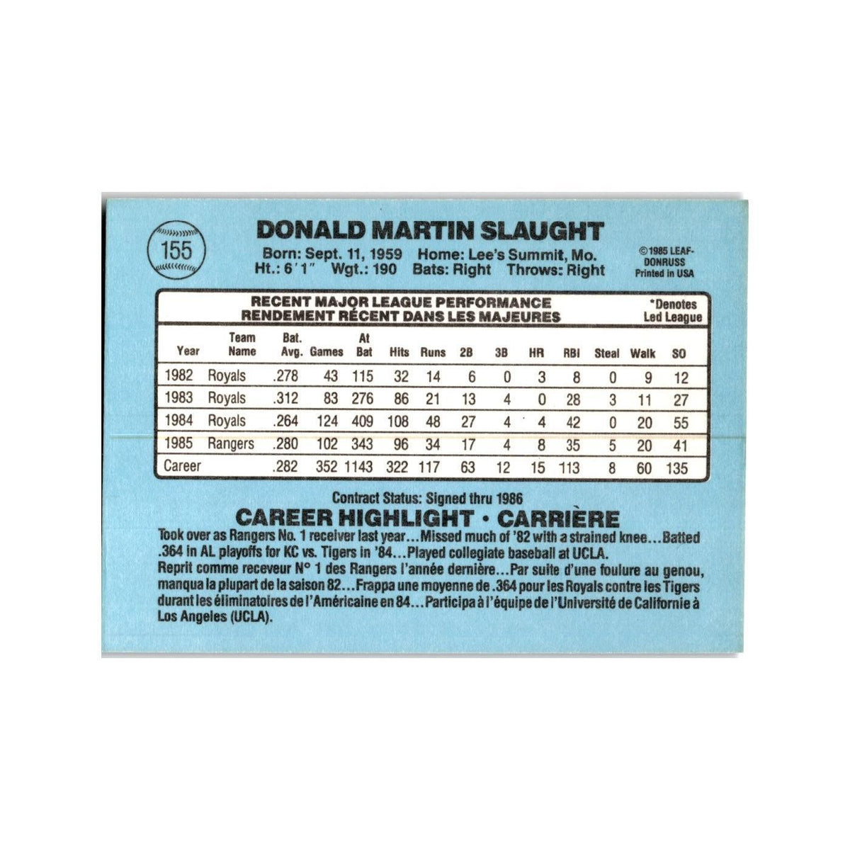 Don Slaught 1986 Leaf #155 Texas Rangers Baseball Card NM