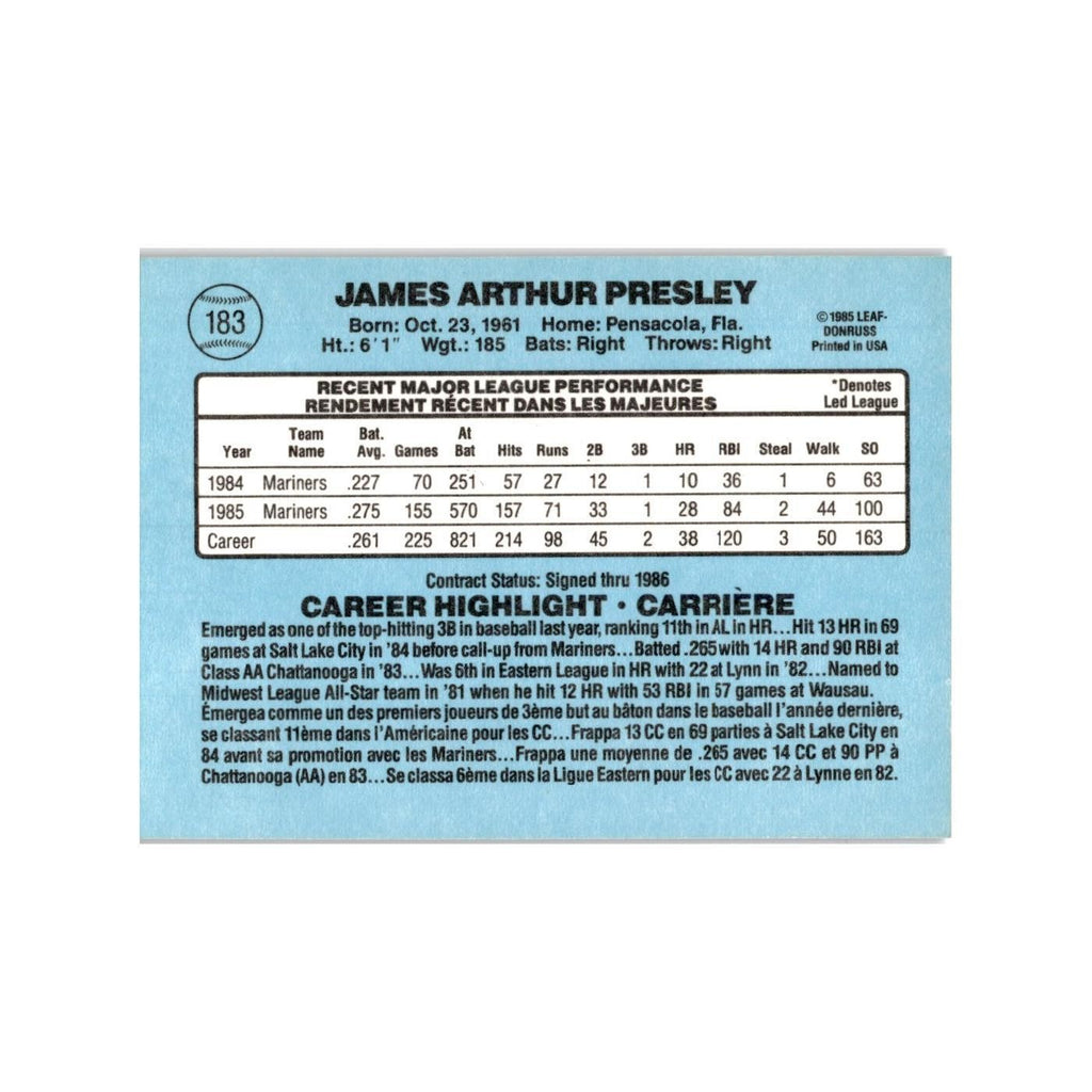 Jim Presley 1986 Leaf #183 Seattle Mariners Baseball Card NM