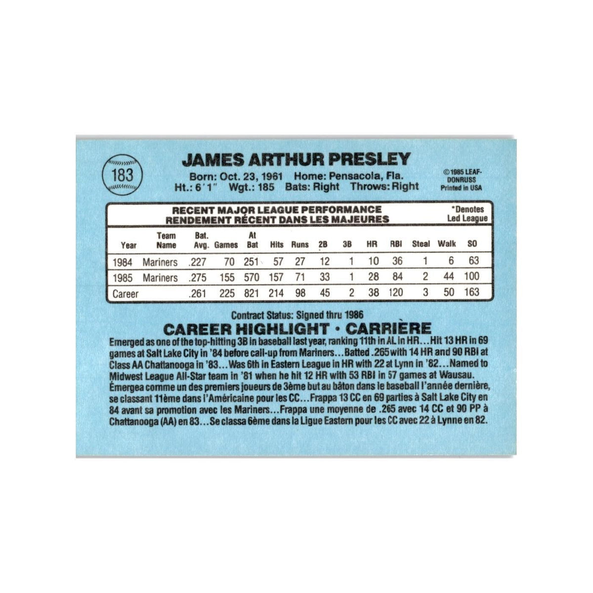 Jim Presley 1986 Leaf #183 Seattle Mariners Baseball Card NM