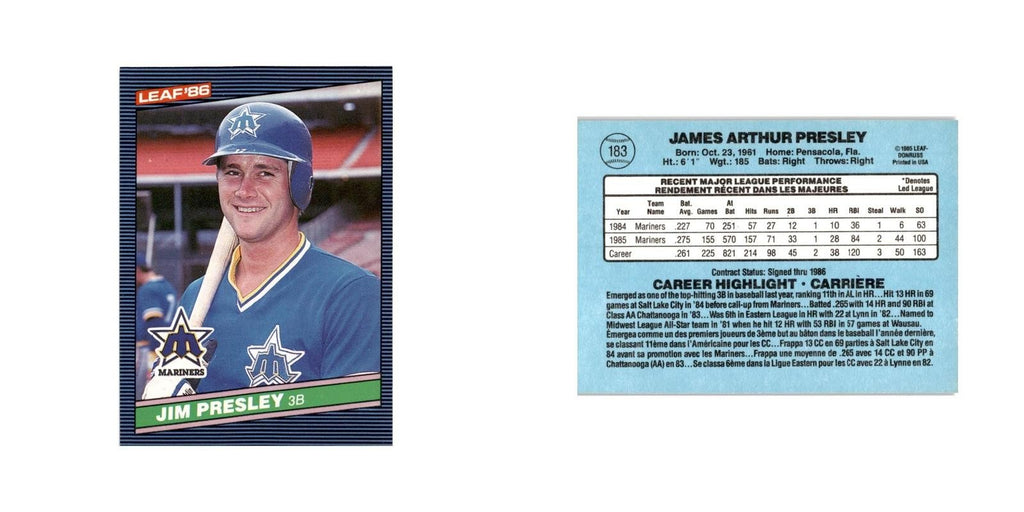 Jim Presley 1986 Leaf #183 Seattle Mariners Baseball Card NM