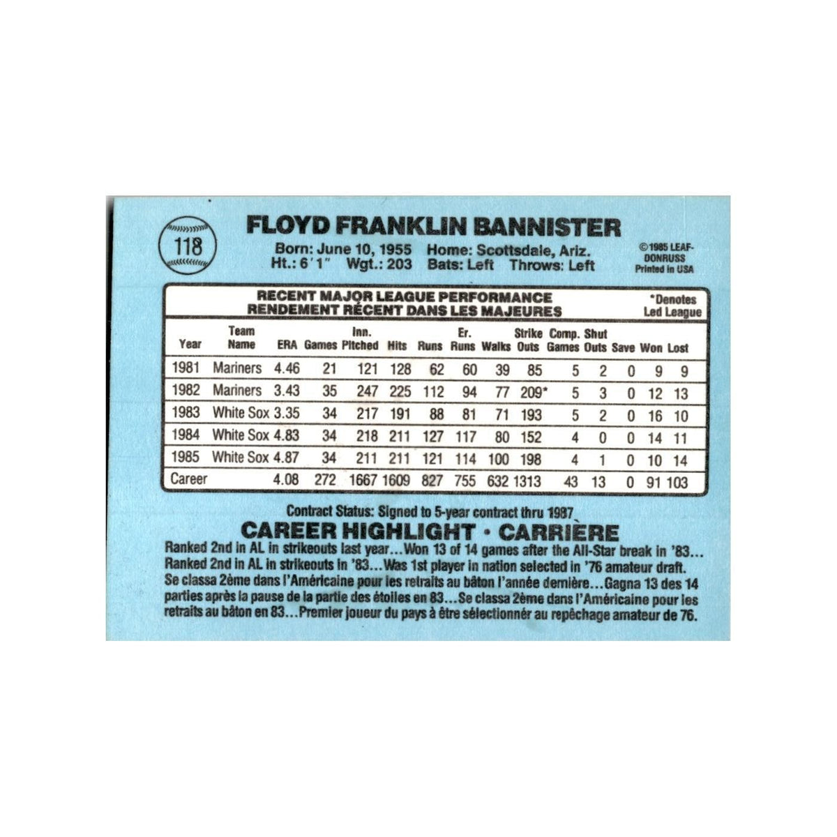 Floyd Bannister 1986 Leaf #118 Chicago White Sox Baseball Card NM
