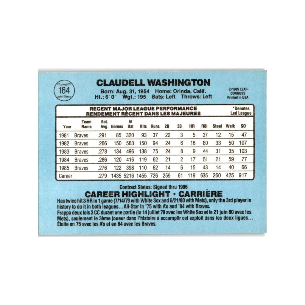 Claudell Washington 1986 Leaf #164 Atlanta Braves Baseball Card NM