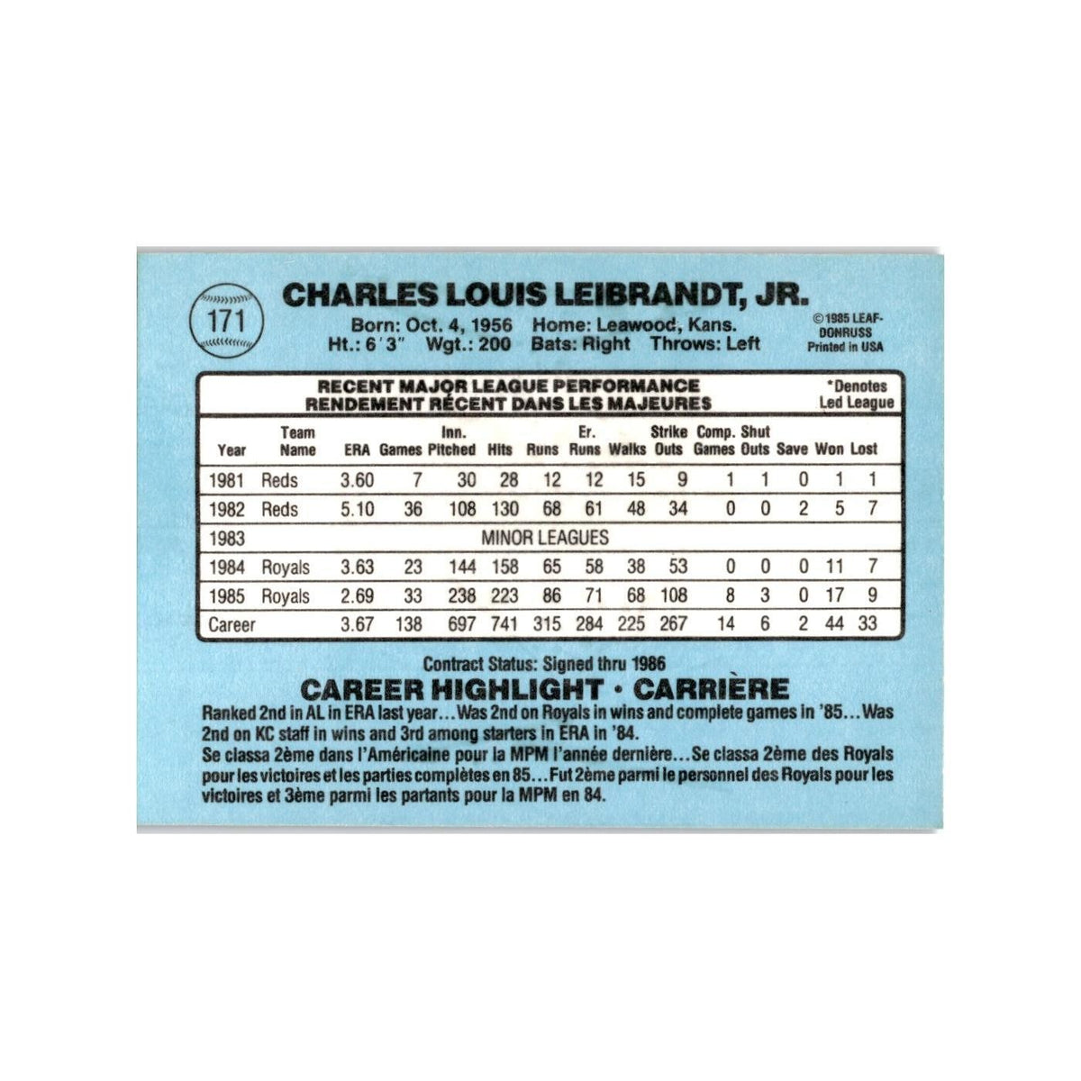 Charlie Leibrandt 1986 Leaf #171 Kansas City Royals Baseball Card NM
