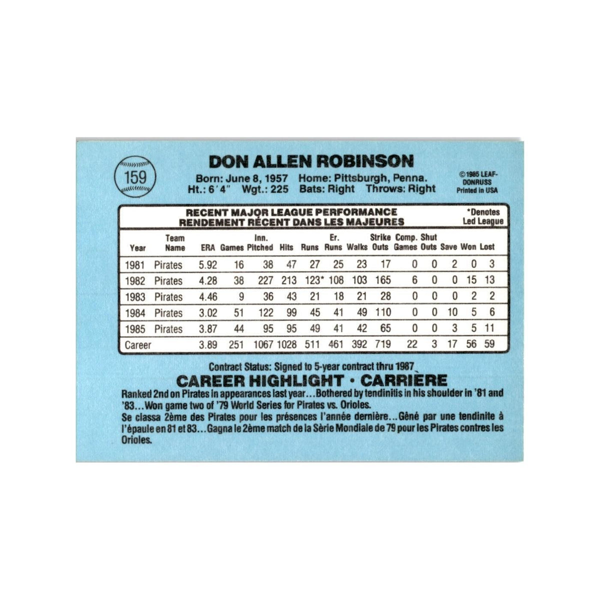 Don Robinson 1986 Leaf #159 Pittsburgh Pirates Baseball Card NM