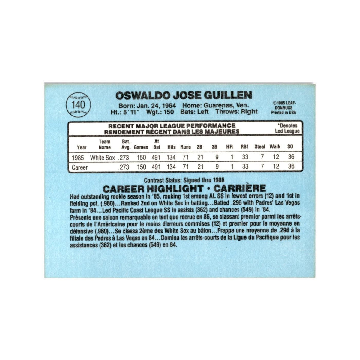 Ozzie Guillen 1986 Leaf #140 Chicago White Sox Baseball Card NM
