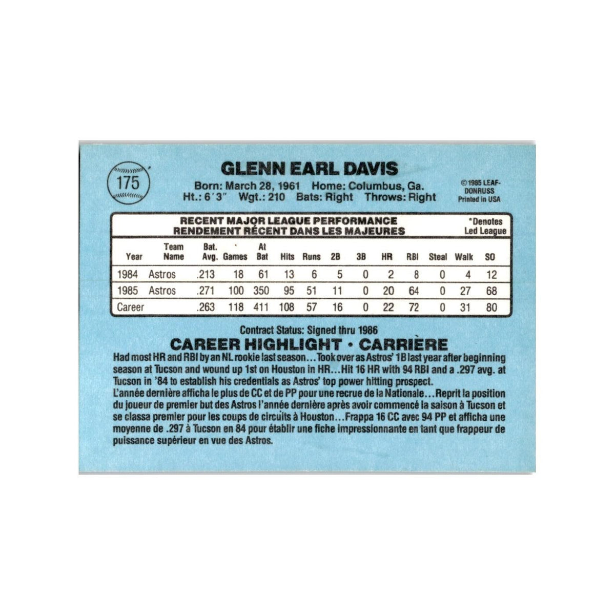 Glenn Davis 1986 Leaf #175 Houston Astros Baseball Card NM
