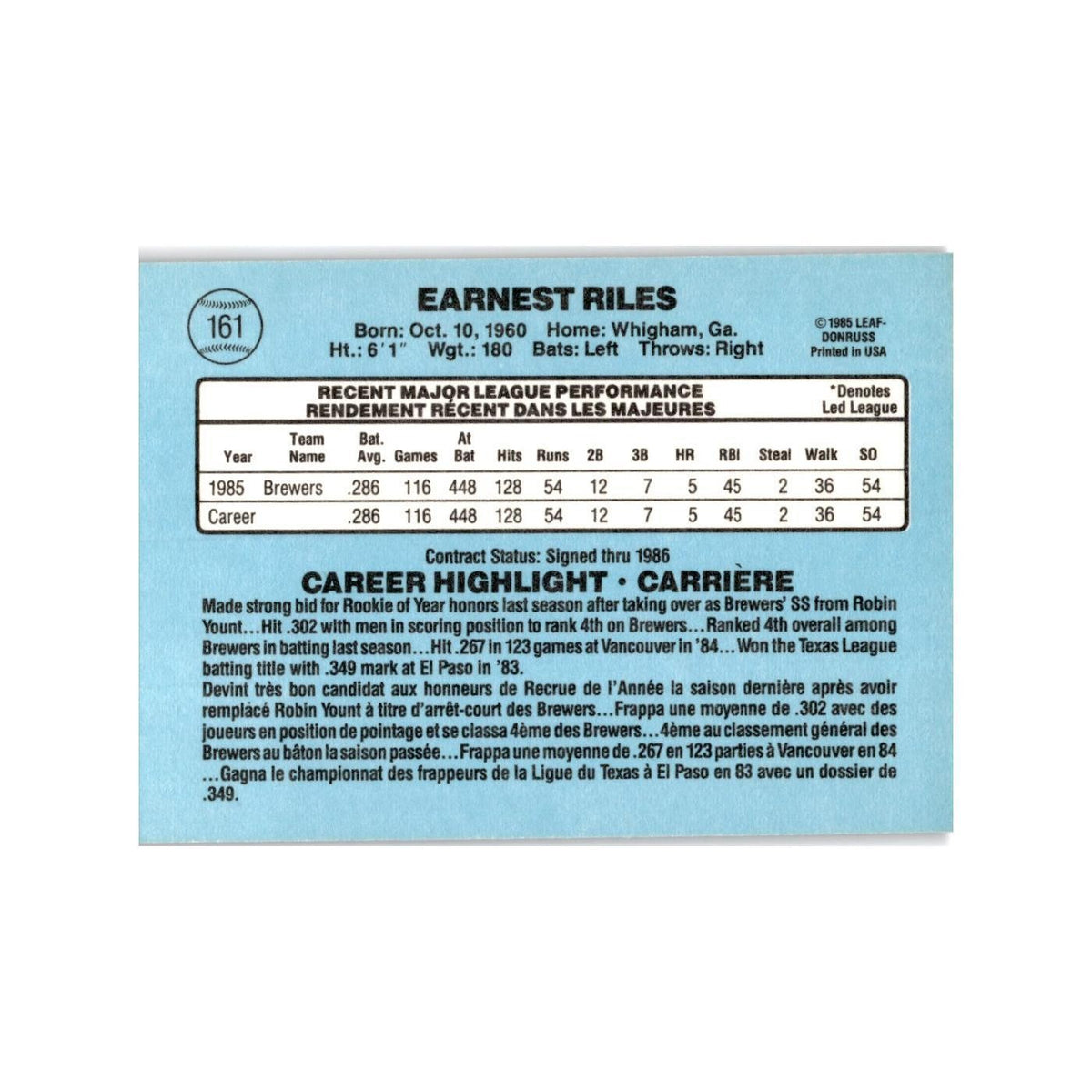 Ernest Riles Rookie 1986 Leaf #161 Milwaukee Brewers Baseball Card NM