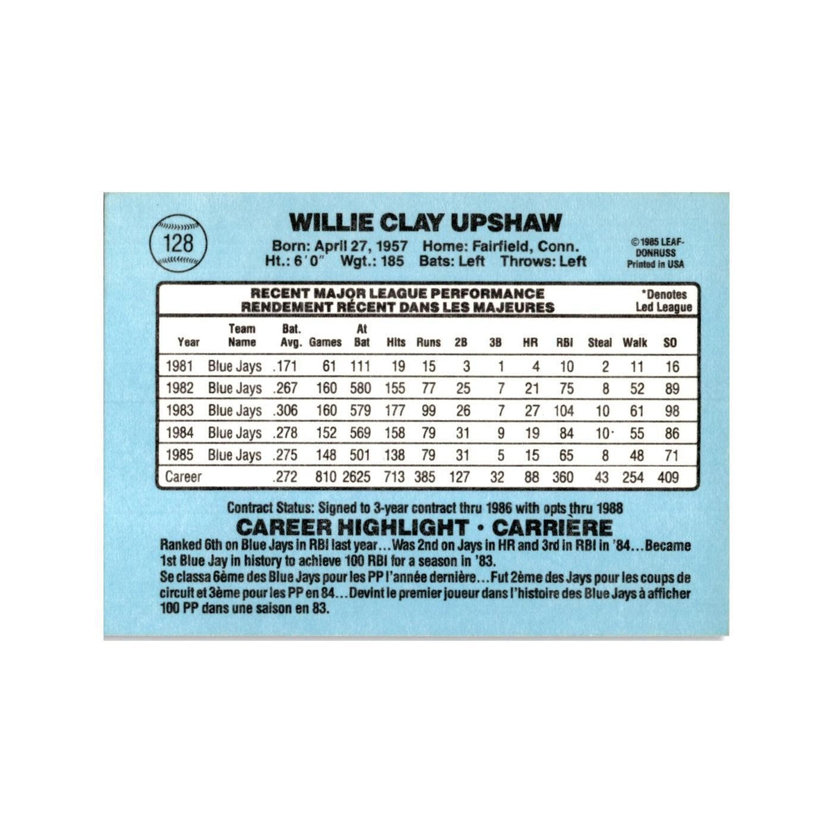 Willie Upshaw 1986 Leaf #128 Toronto Blue Jays Baseball Card NM