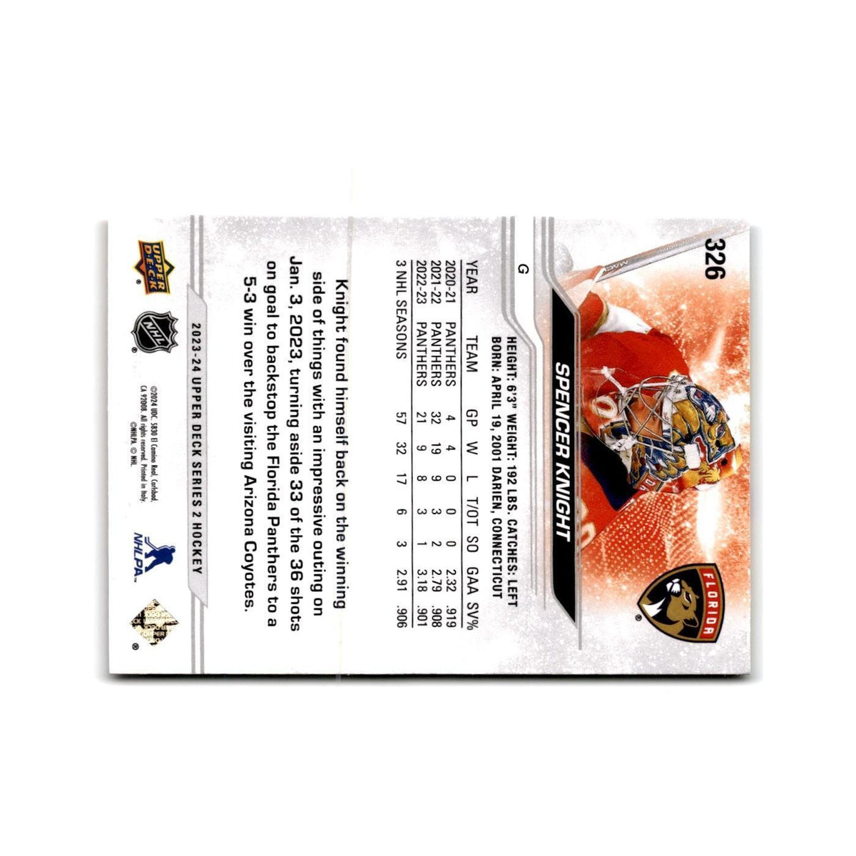 2023 Upper Deck Spencer Knight Florida Panthers #326