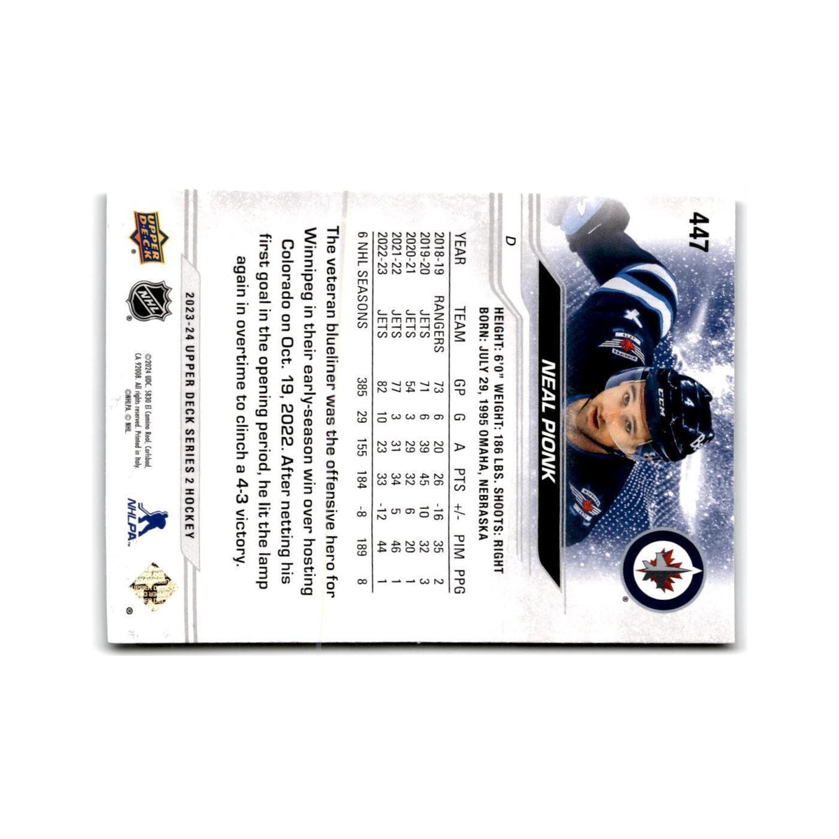 2023 Upper Deck Neal Pionk Winnipeg Jets #447