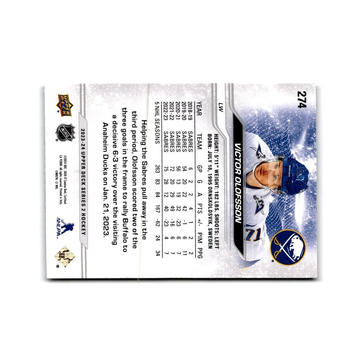 2023 Upper Deck Victor Olofsson Buffalo Sabres #274