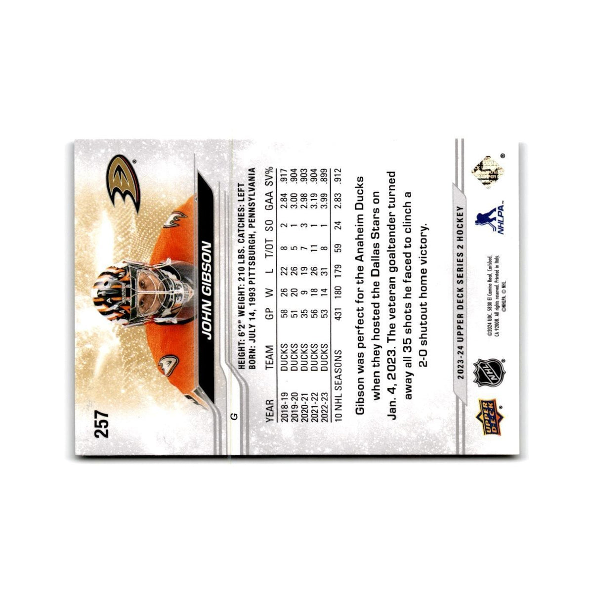 2023 Upper Deck John Gibson Anaheim Ducks #257