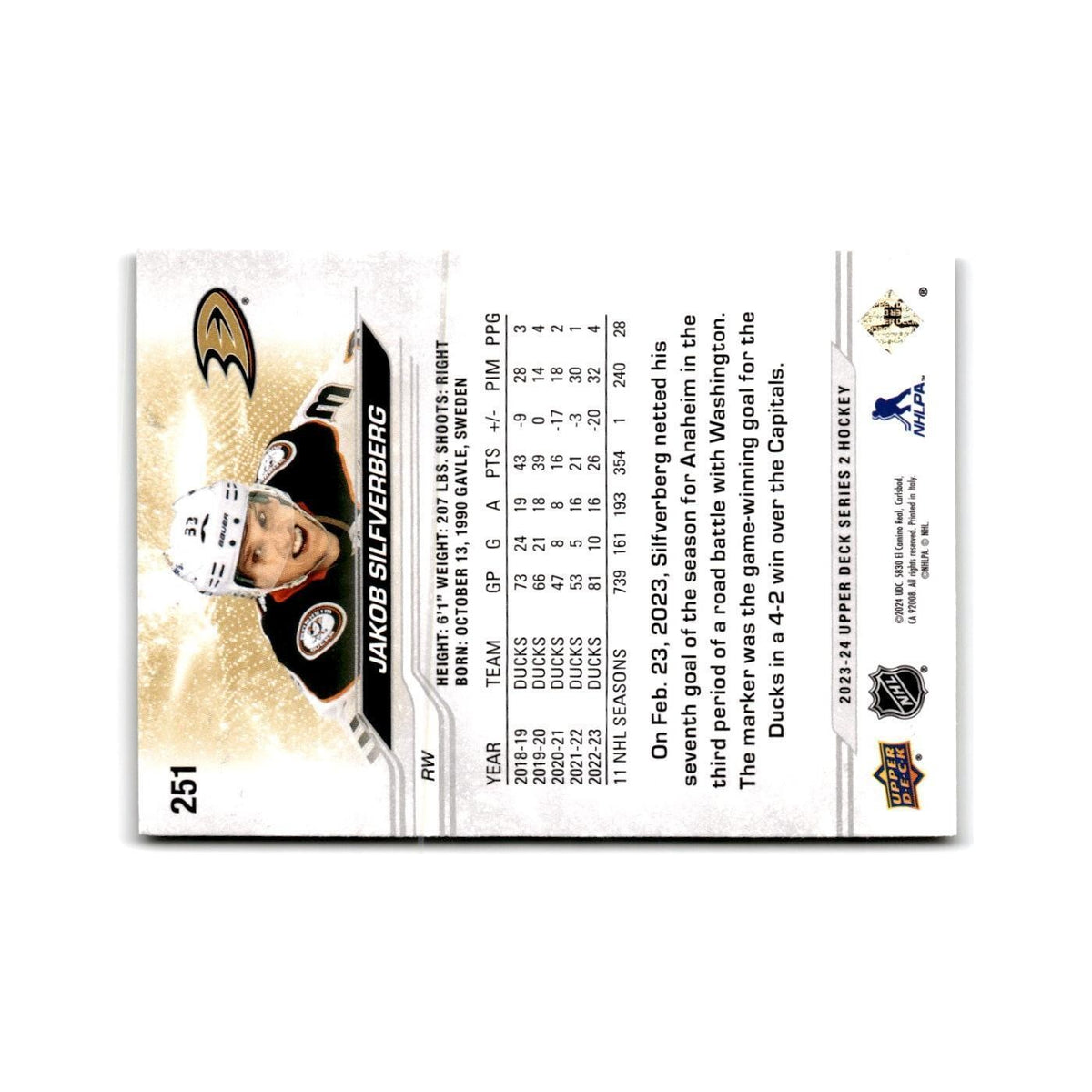 2023 Upper Deck Jakob Silfverberg Anaheim Ducks #251