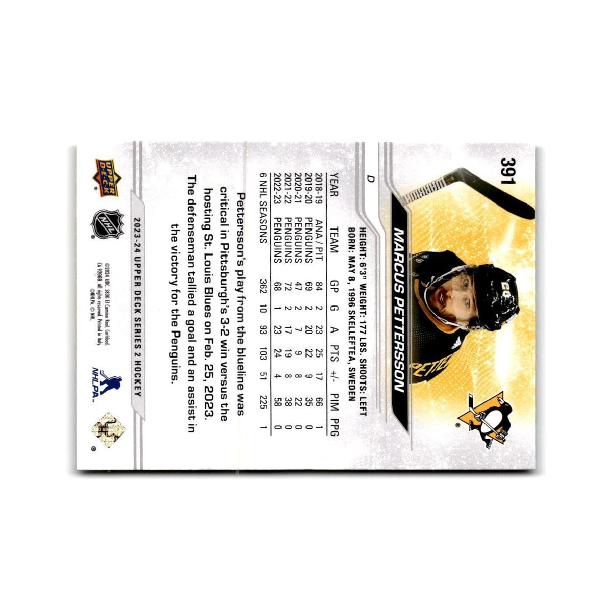 2023 Upper Deck Marcus Pettersson Pittsburgh Penguins #391