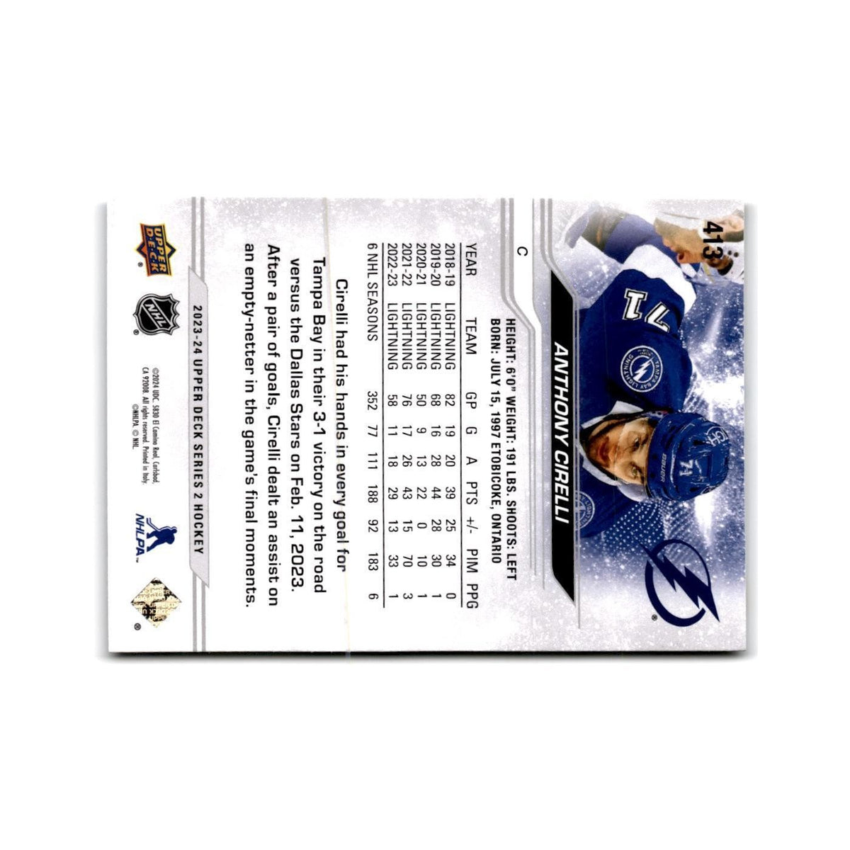 2023 Upper Deck Anthony Cirelli Tampa Bay Lightning #413