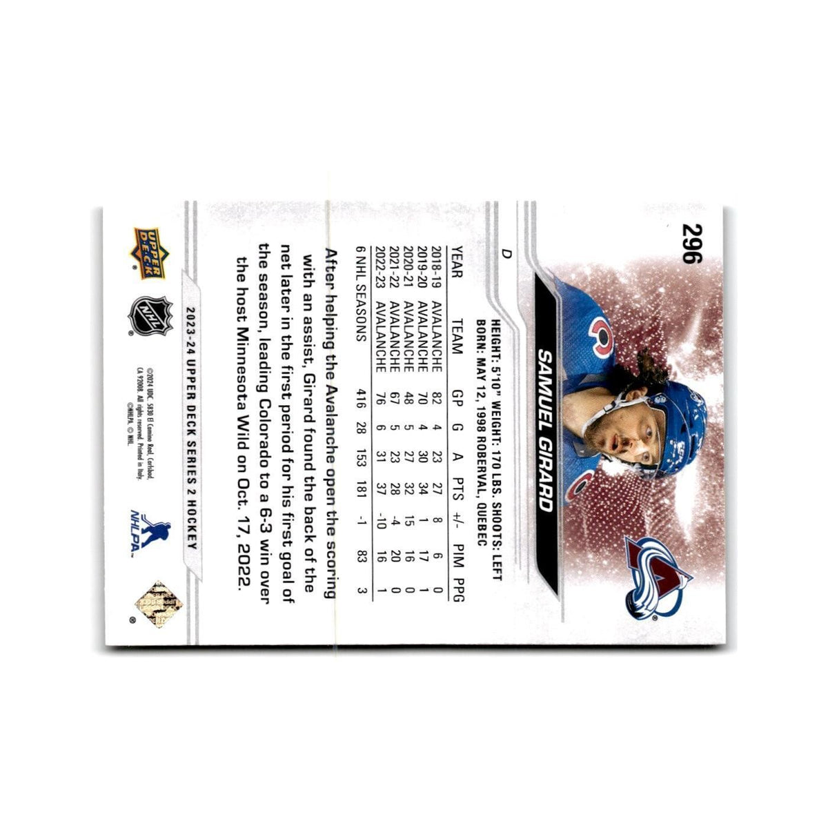 2023 Upper Deck Samuel Girard Colorado Avalanche #296