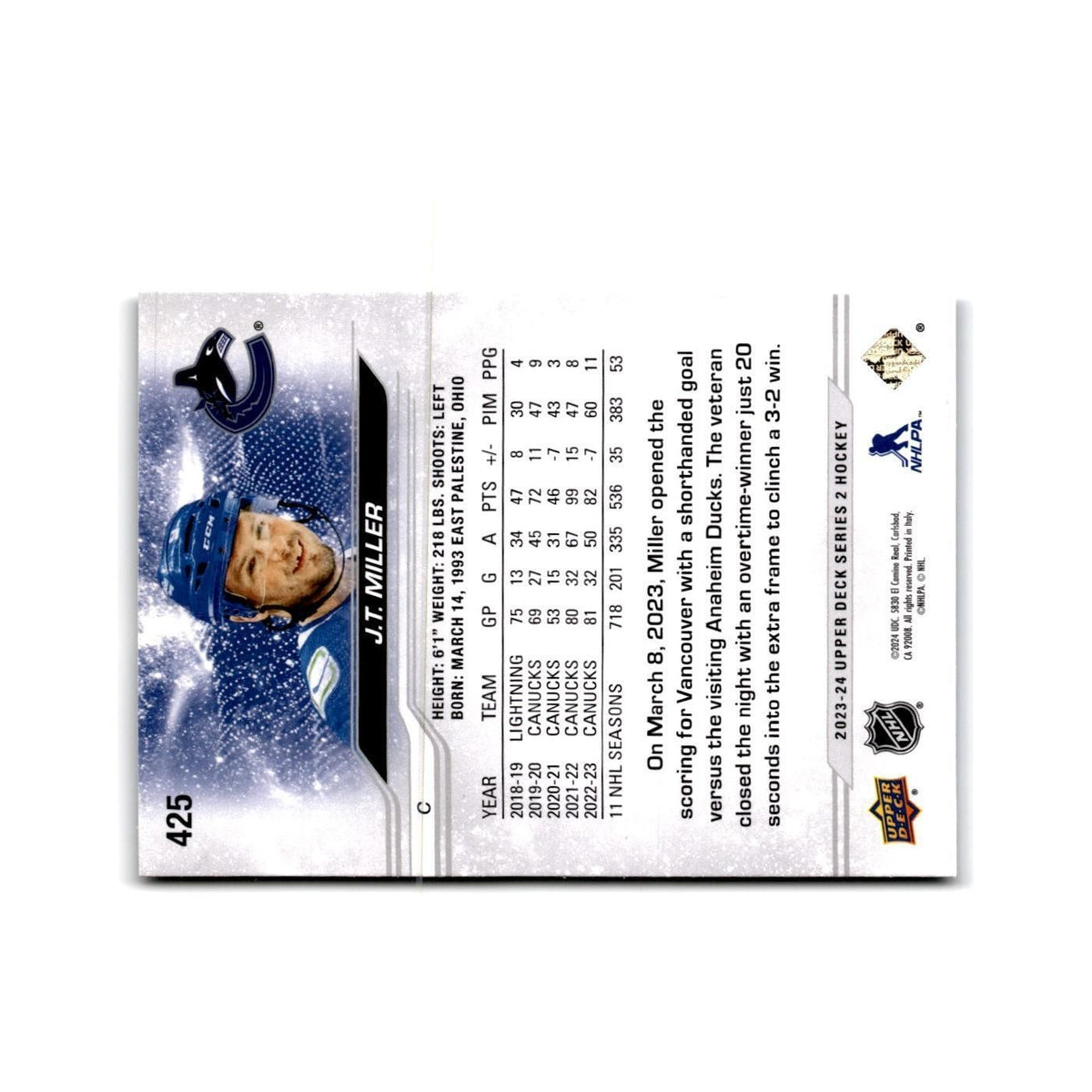 2023 Upper Deck J.T. Miller Vancouver Canucks #425