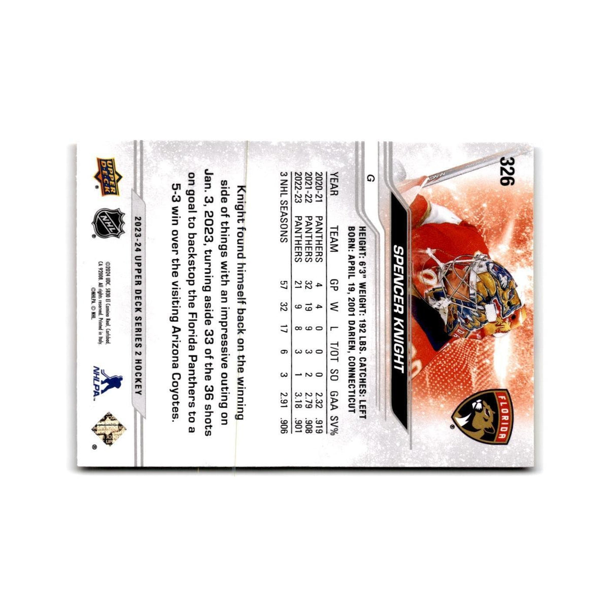 2023 Upper Deck Spencer Knight Florida Panthers #326