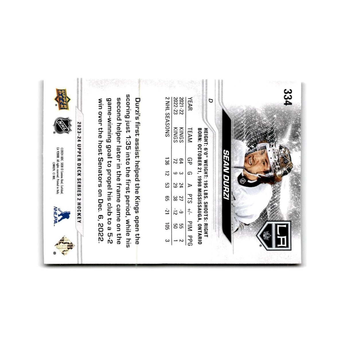 2023 Upper Deck Sean Durzi Los Angeles Kings #334