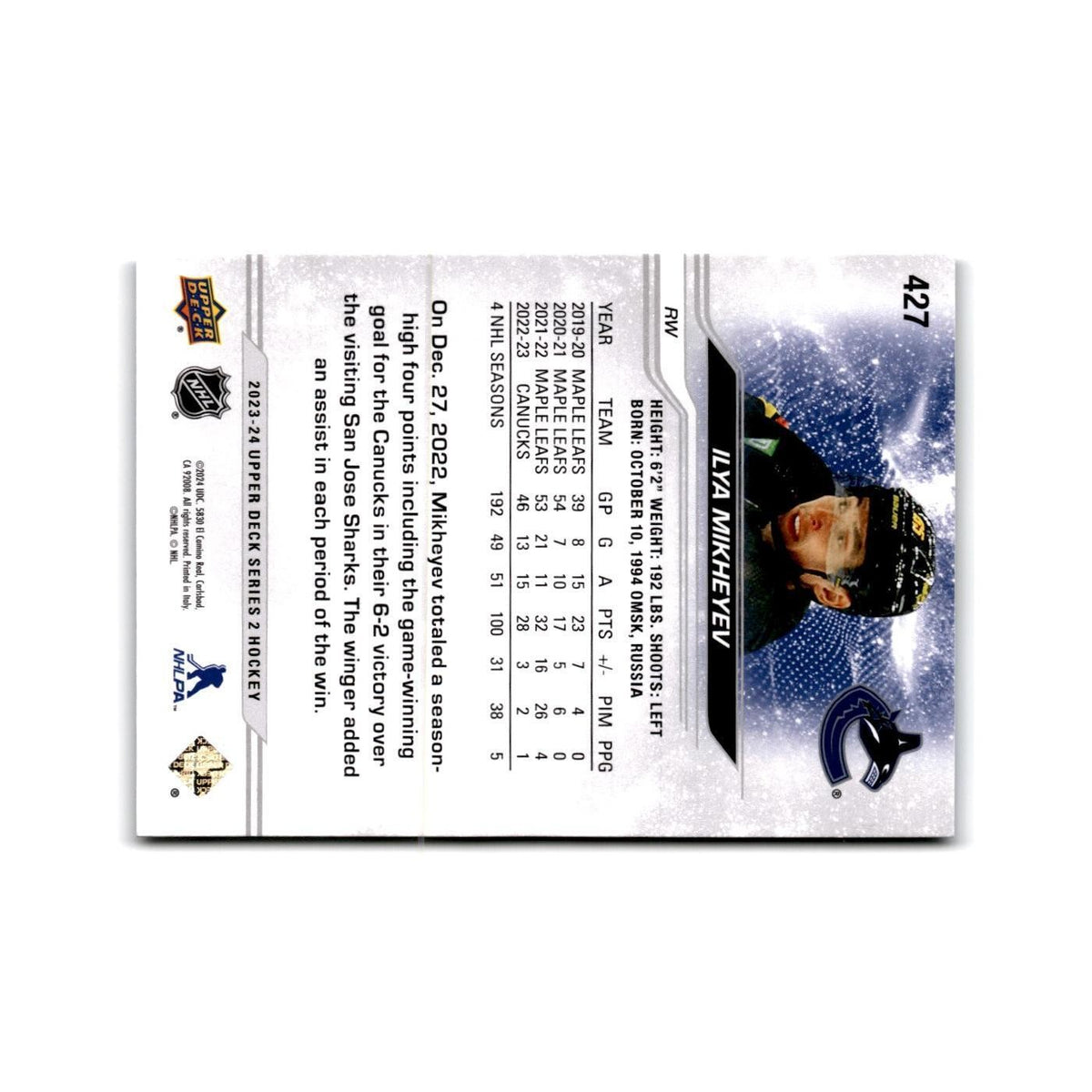 2023 Upper Deck Ilya Mikheyev Vancouver Canucks #427