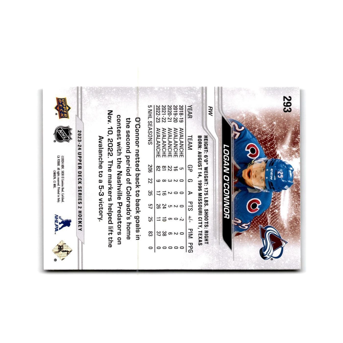 2023 Upper Deck Logan O'Connor Colorado Avalanche #293