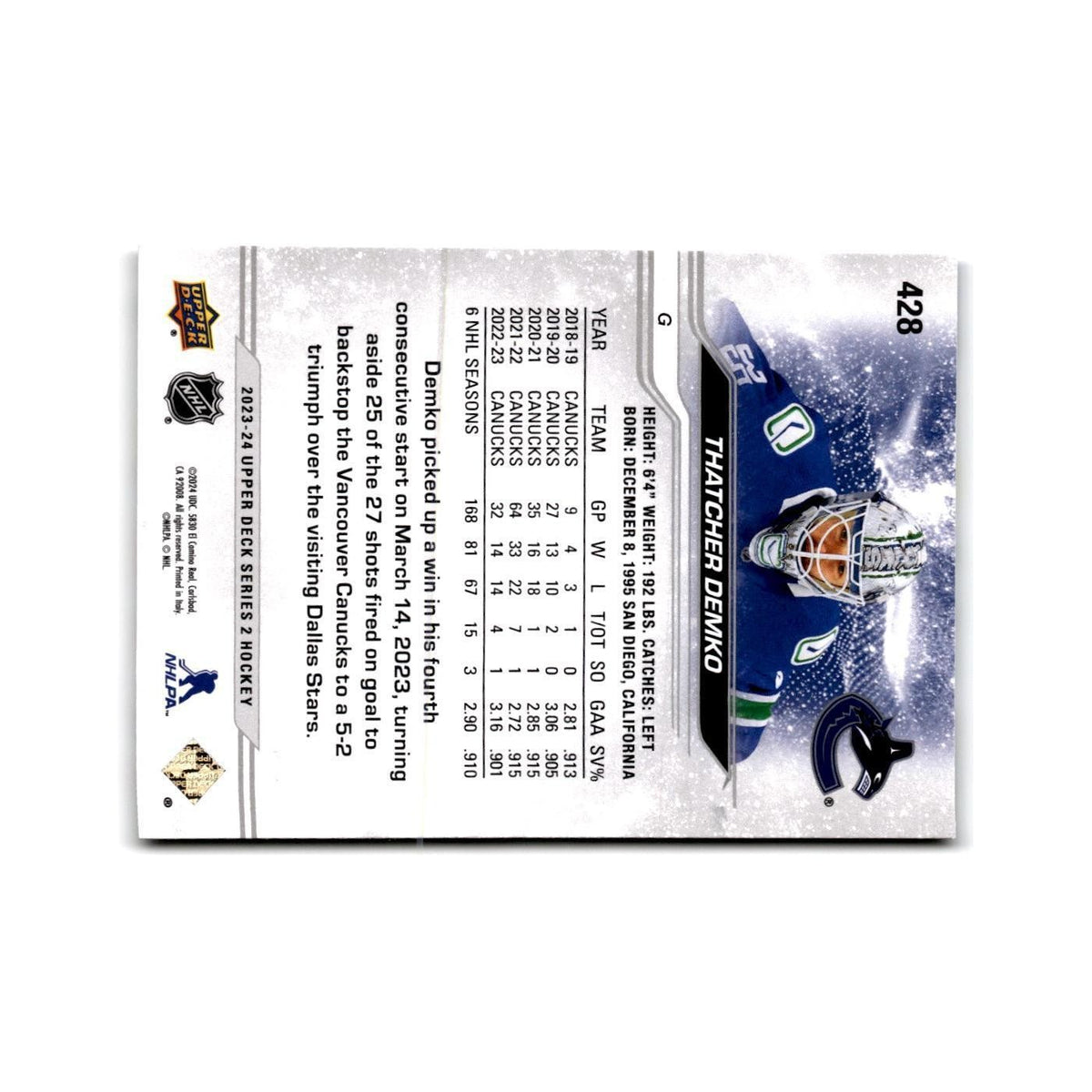 2023 Upper Deck Thatcher Demko Vancouver Canucks #428