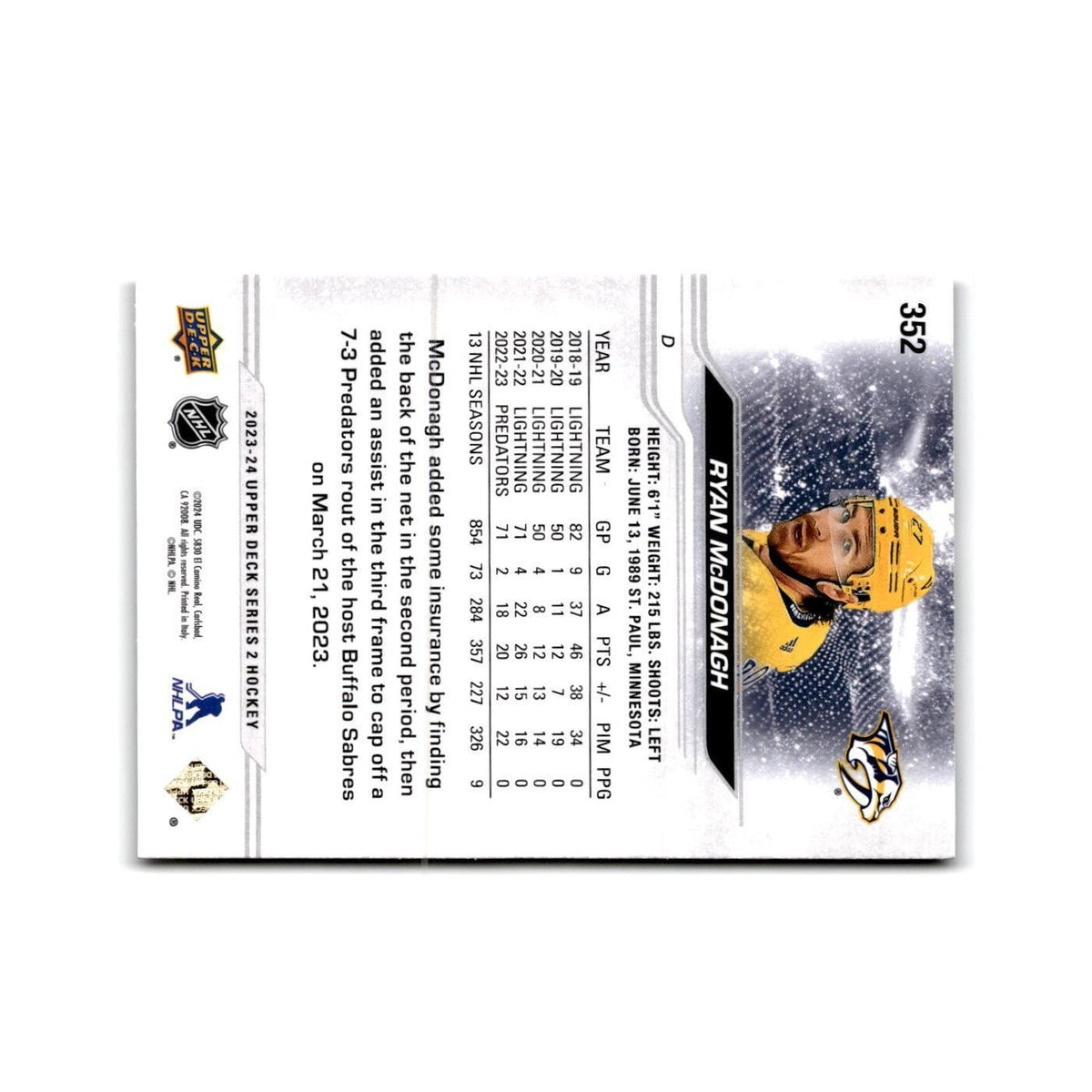 2023 Upper Deck Ryan McDonagh Nashville Predators #352