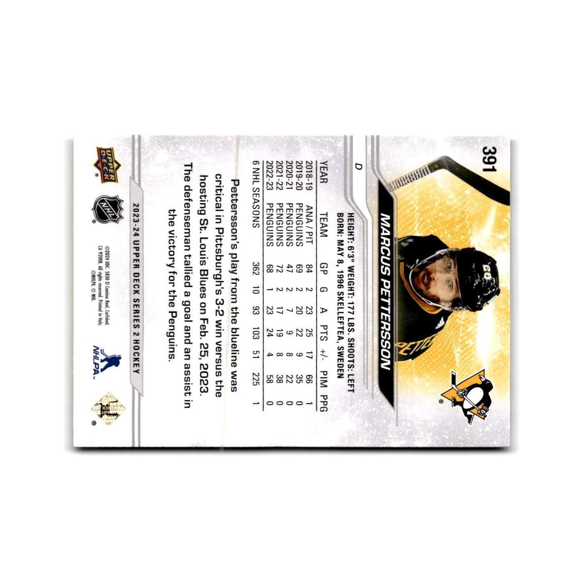 2023 Upper Deck Marcus Pettersson Pittsburgh Penguins #391