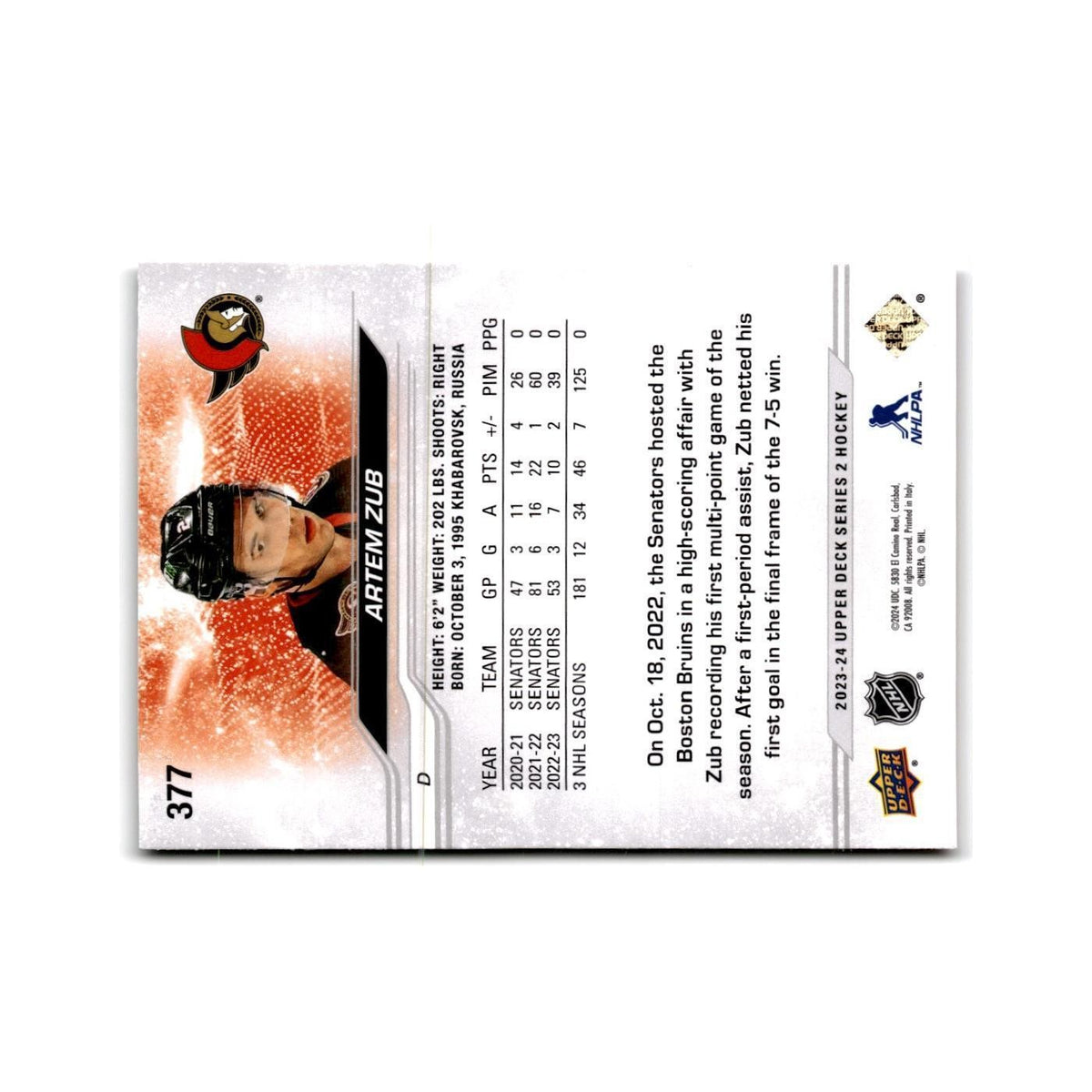 2023 Upper Deck Artem Zub Ottawa Senators #377