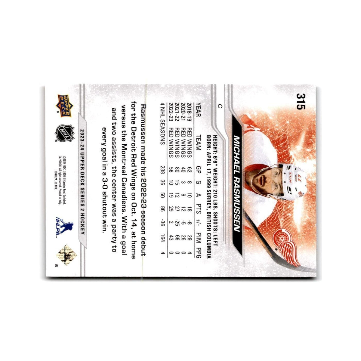 2023 Upper Deck Michael Rasmussen Detroit Red Wings #315
