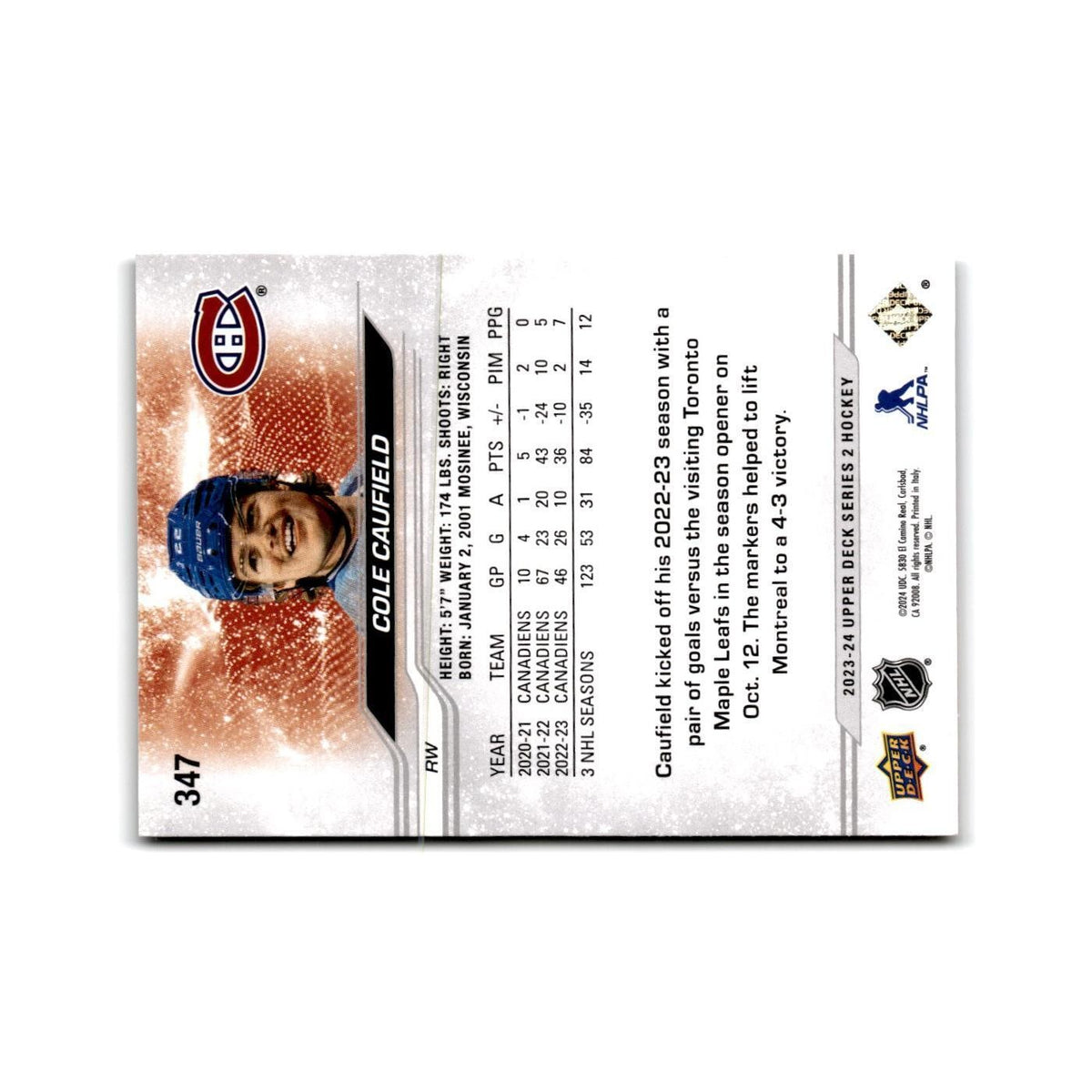 2023 Upper Deck Cole Caufield Montreal Canadiens #347