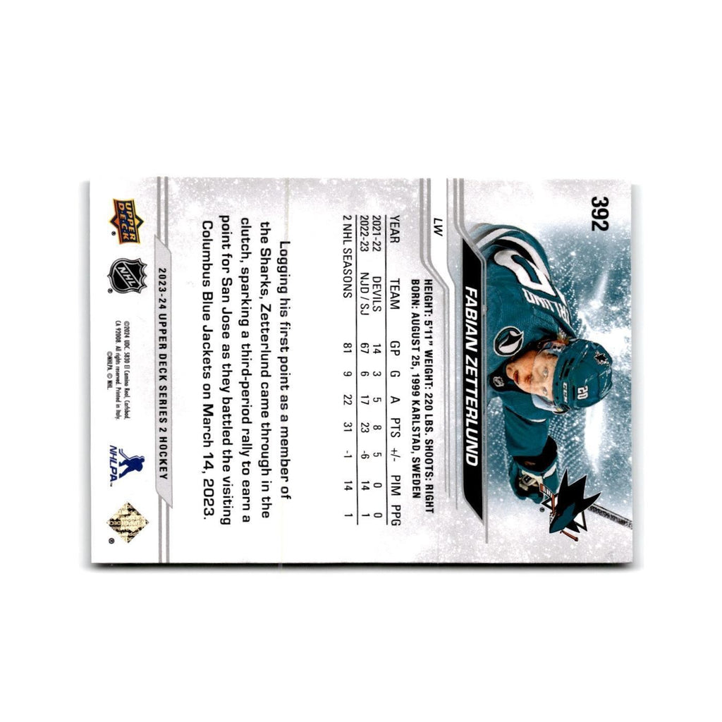 2023 Upper Deck Fabian Zetterlund San Jose Sharks #392