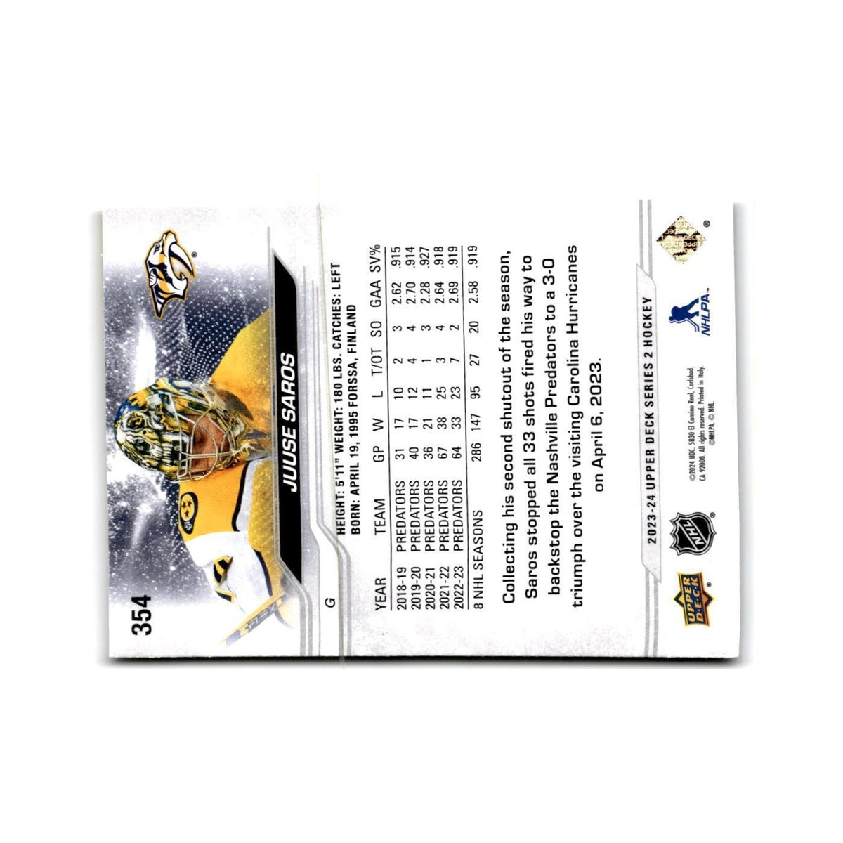 2023 Upper Deck Juuse Saros Nashville Predators #354