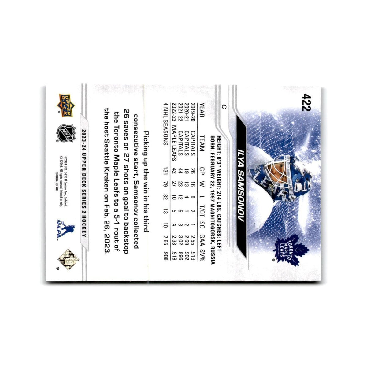 2023 Upper Deck Ilya Samsonov Toronto Maple Leafs #422