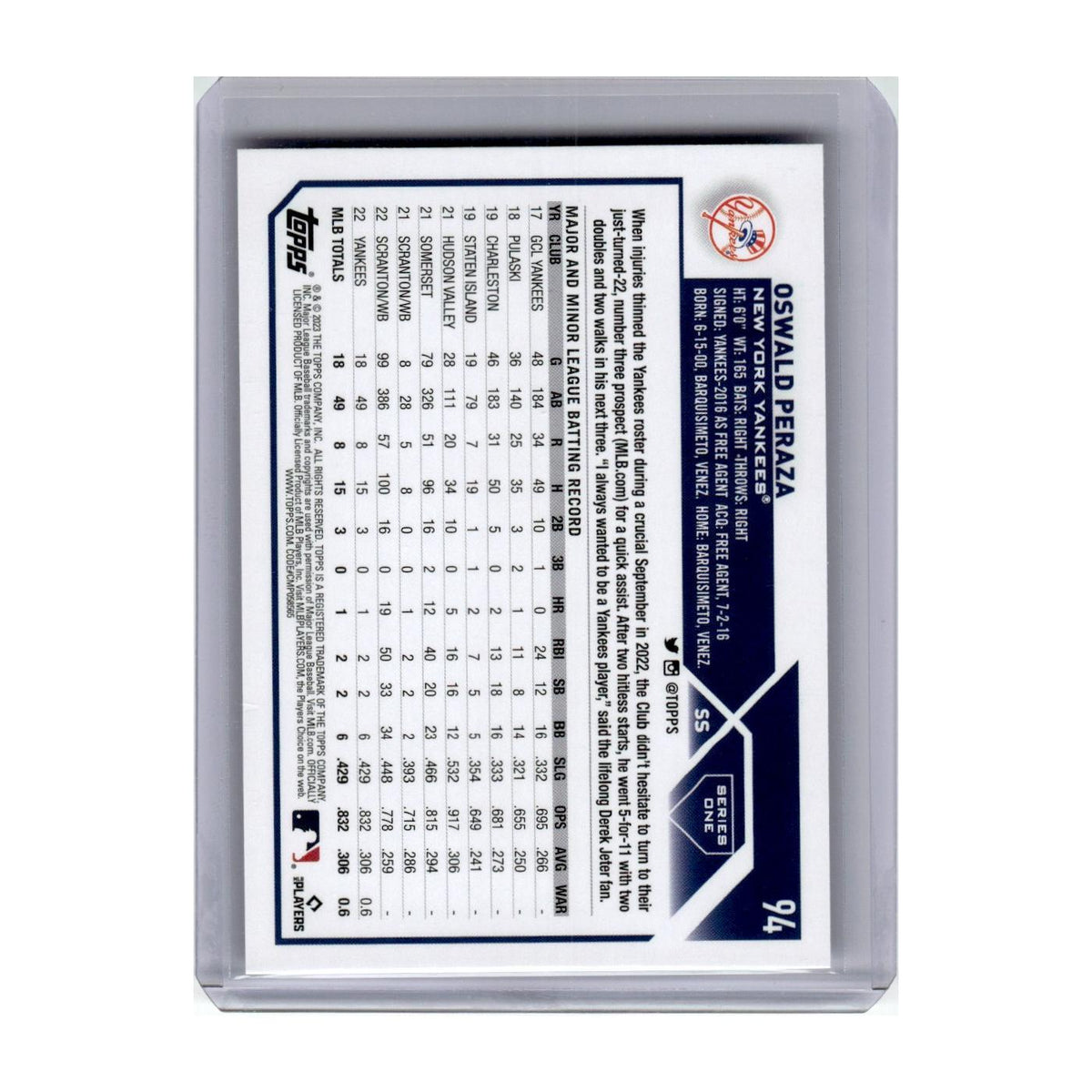 2023 Topps Oswald Peraza RC Yankees #94