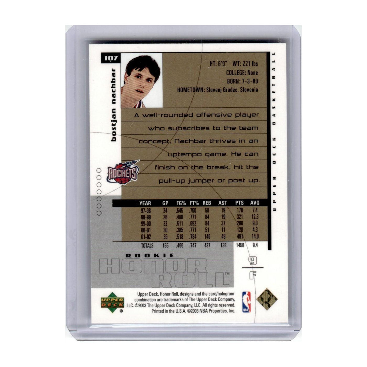 2002 Upper Deck Honor Roll Bostjan Nachbar /1999 Rockets #107