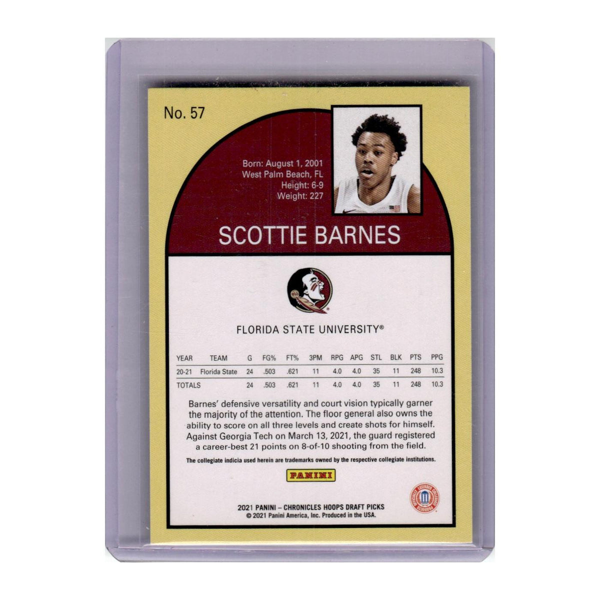2021 Panini Chronicles Hoops Draft Picks Scottie Barnes Florida State Seminoles