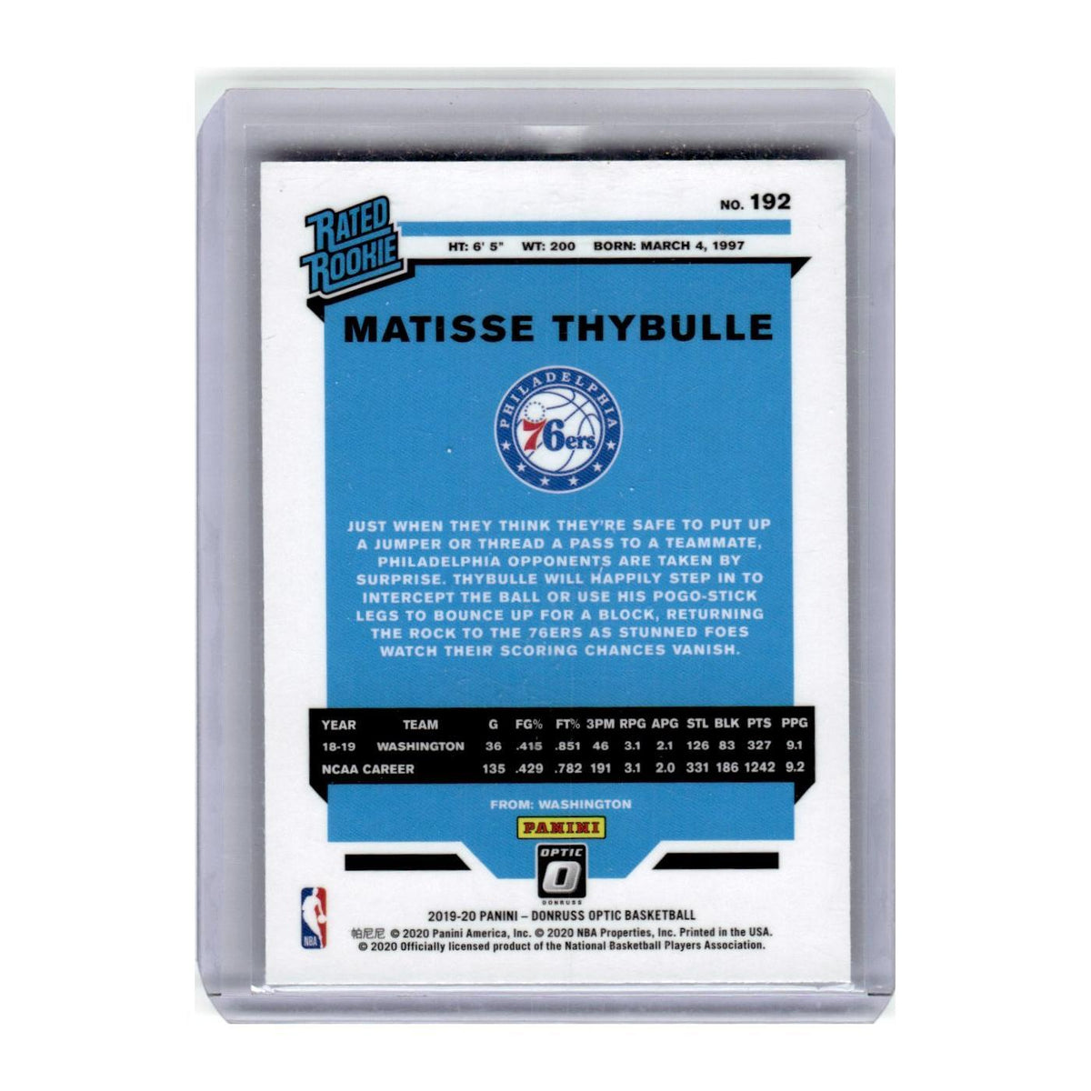 2019 Donruss Optic Matisse Thybulle RC 76ers #192