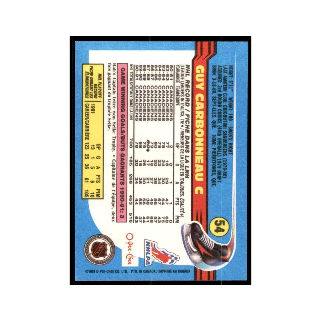 Guy Carbonneau 1991 O-Pee-Chee #54 Montreal Canadiens Hockey Card NM
