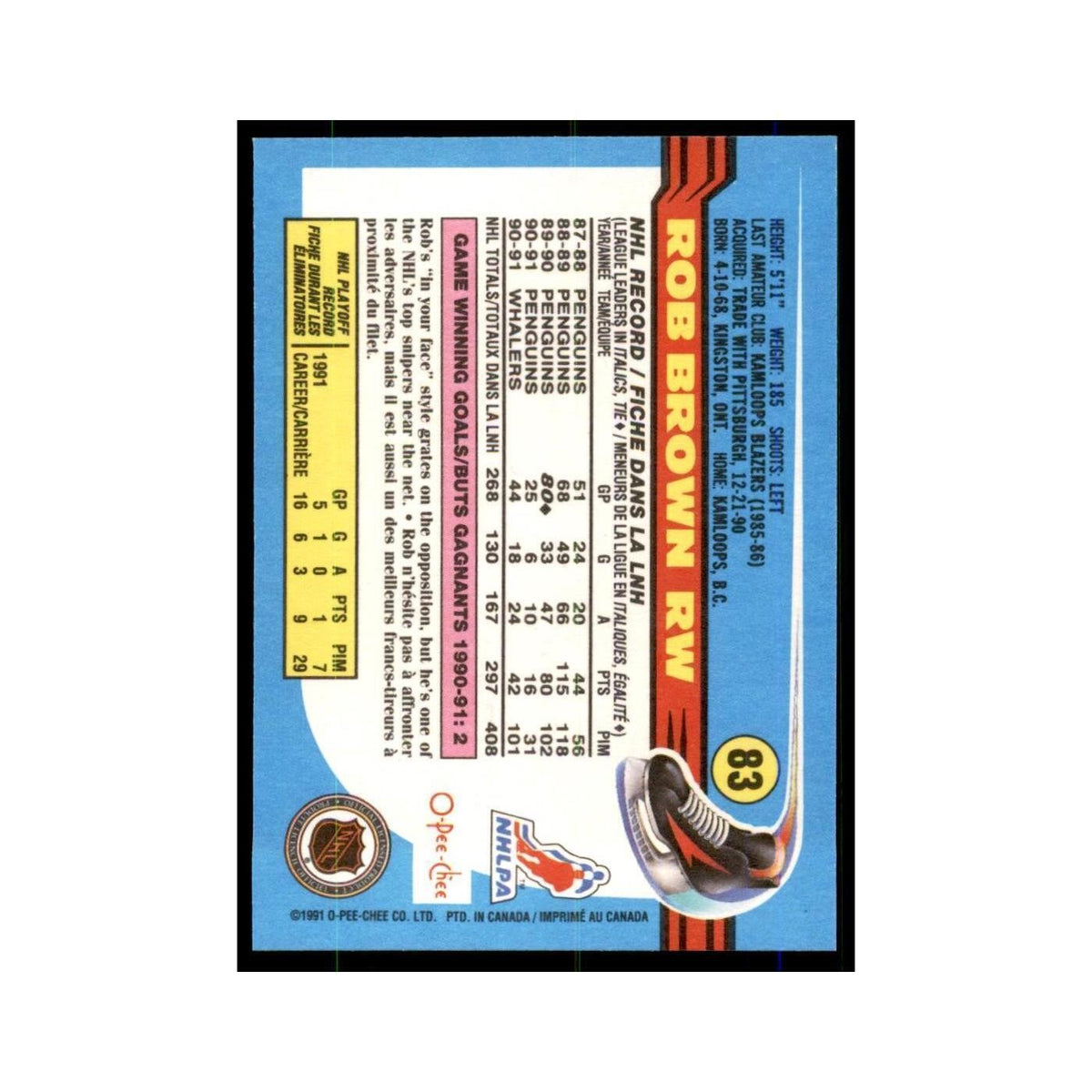 Rob Brown 1991 O-Pee-Chee #83 Hartford Whalers Hockey Card NM