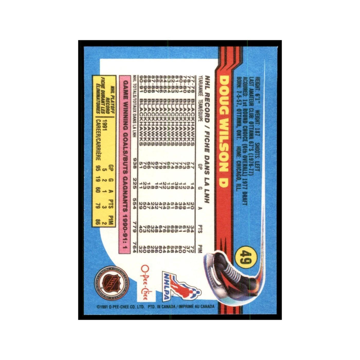 Doug Wilson 1991 O-Pee-Chee #49 Chicago Blackhawks Hockey Card NM