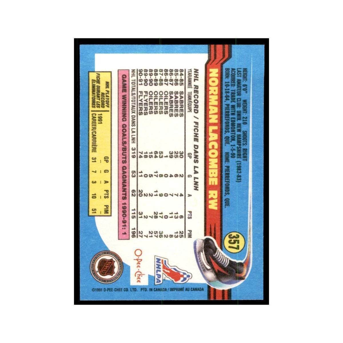 Normand Lacombe 1991 O-Pee-Chee #357 Philadelphia Flyers Hockey Card NM